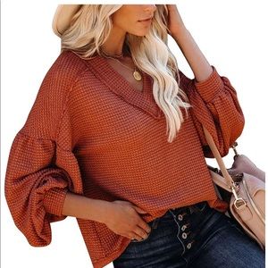 Waffle Knit Burnt Orange V-Neck Top